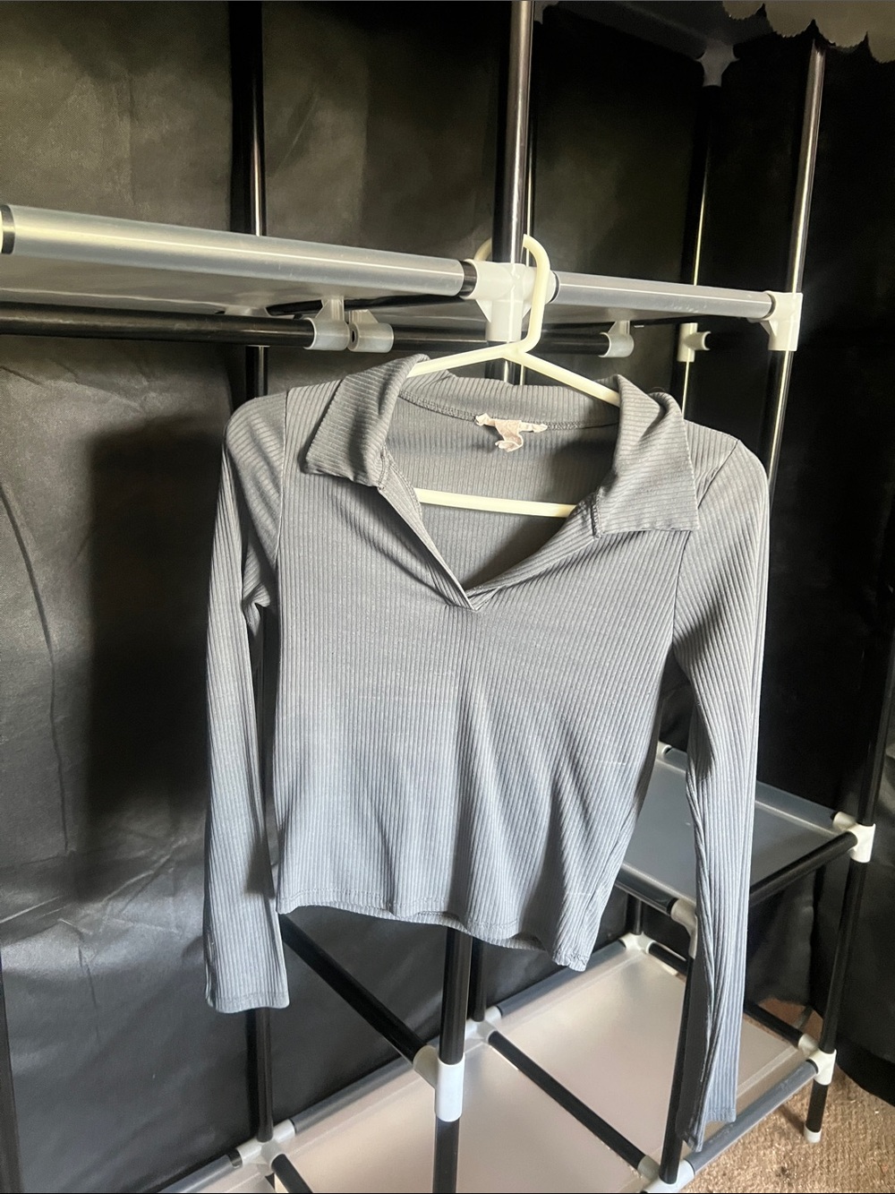 Caution To The Wind Ribbed Long-Sleeve Polo Top in Light Gray